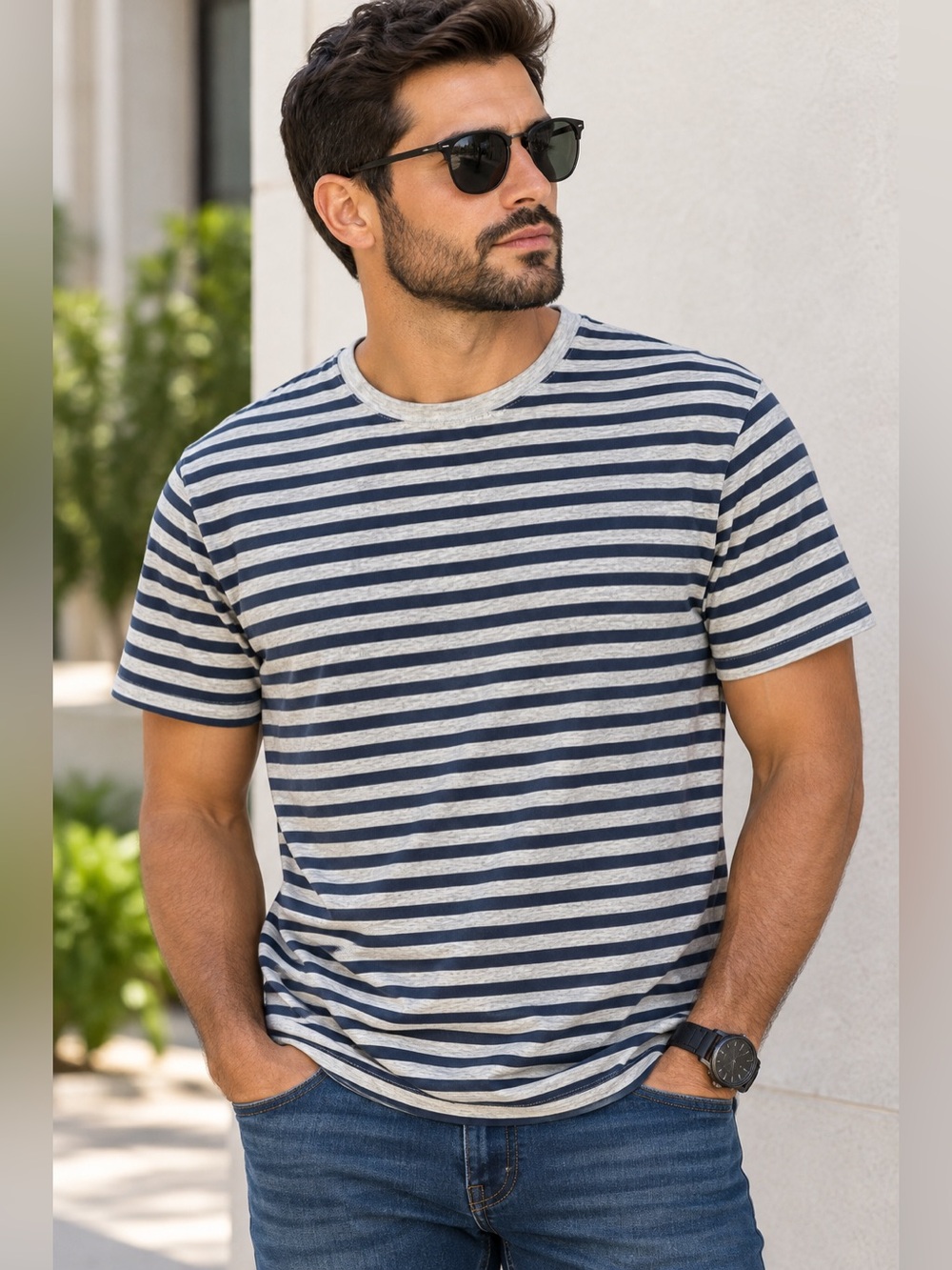 Navy Blue&Silver Classic Striped Short Sleeve Shirt  XL